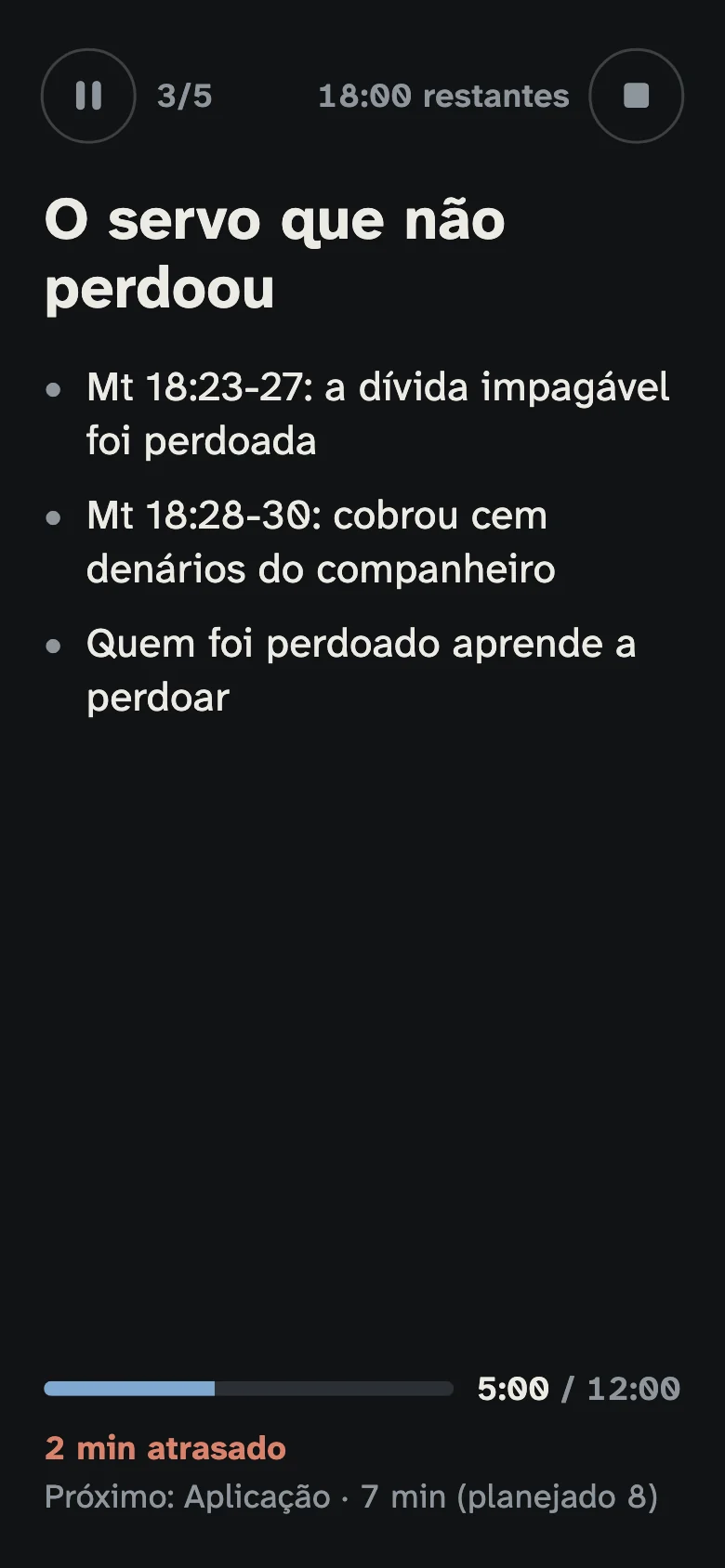 Tópico 3 de 5, em 5:00 de 12:00, com a situação “2 min atrasado” e o próximo tópico com o tempo ajustado: Aplicação, 7 min, planejado 8.