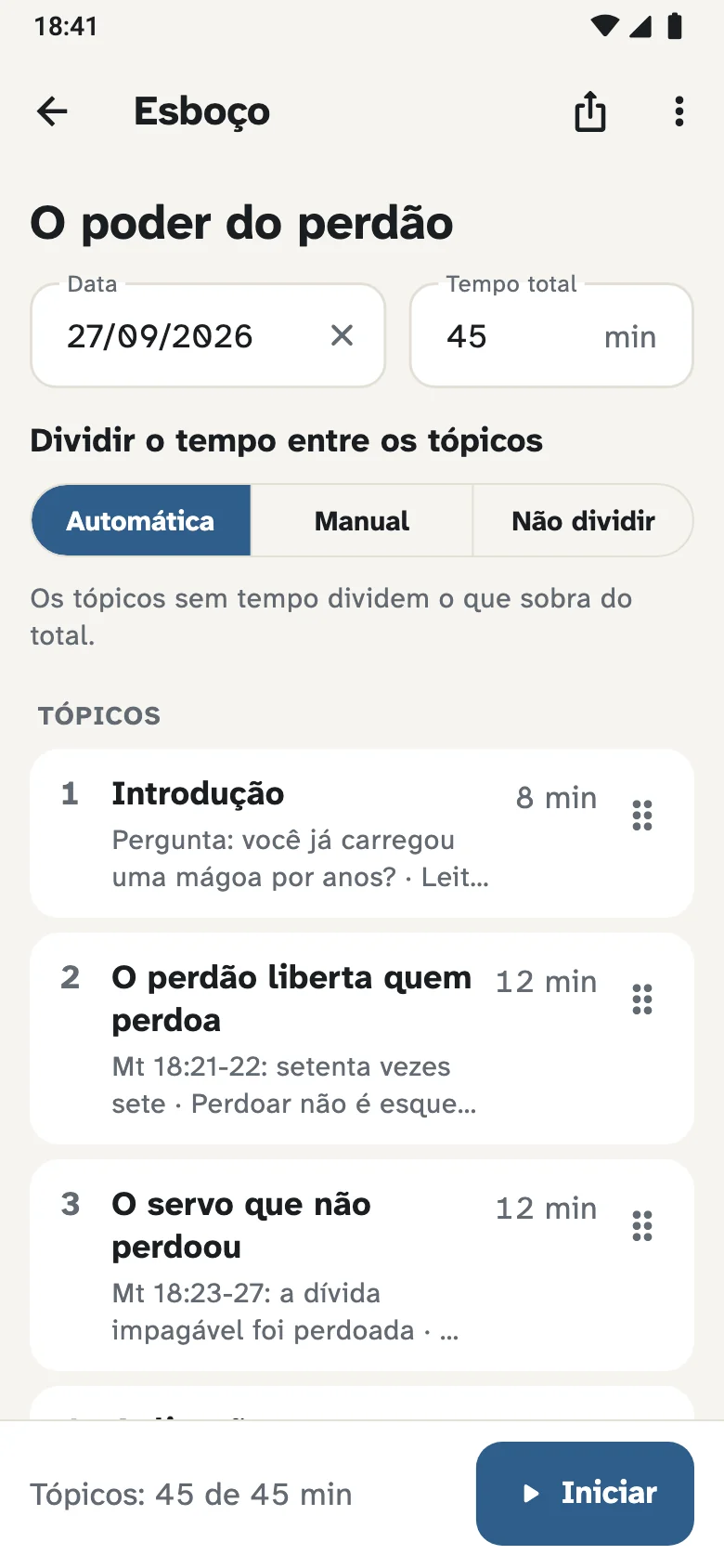 Editor do esboço “O poder do perdão”, com data, tempo total de 45 minutos dividido entre os tópicos.
