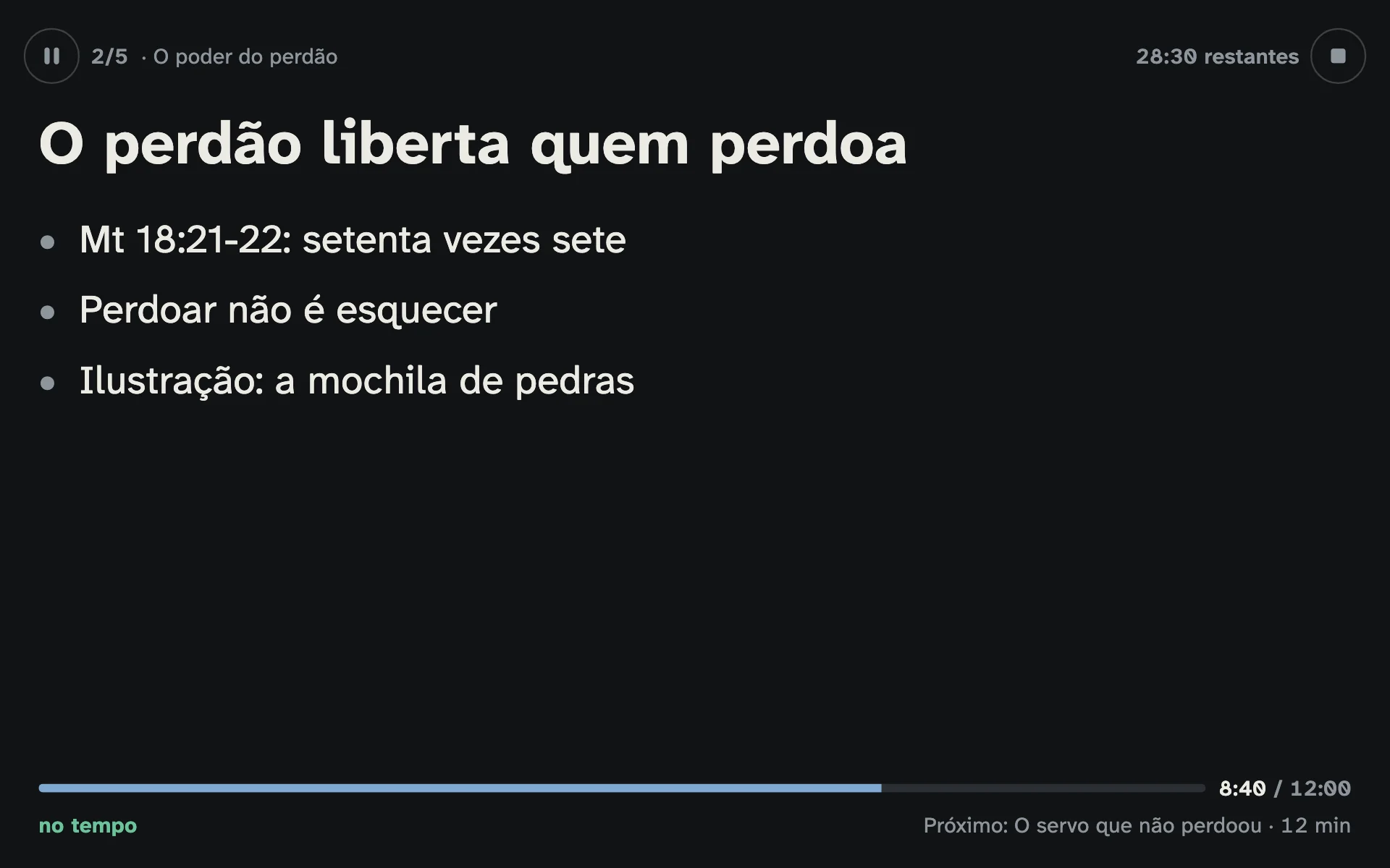 Modo ministração num tablet deitado: título do tópico e anotações em letras grandes, a barra do tópico, “no tempo” e o próximo tópico na mesma linha.
